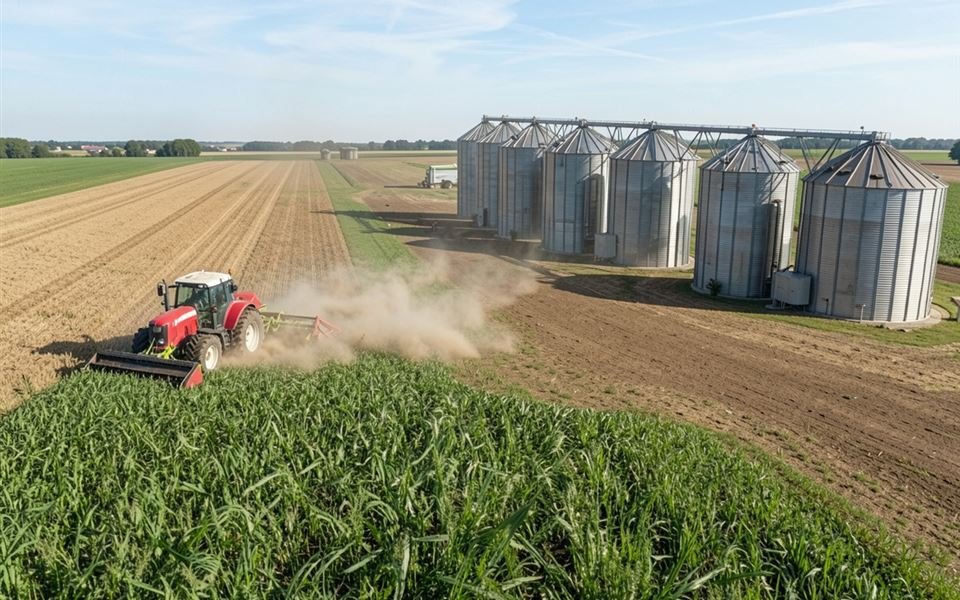 Lavoura com silos ao fundo