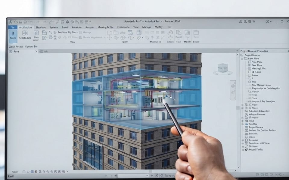 Modelo BIM de um edifício na tela